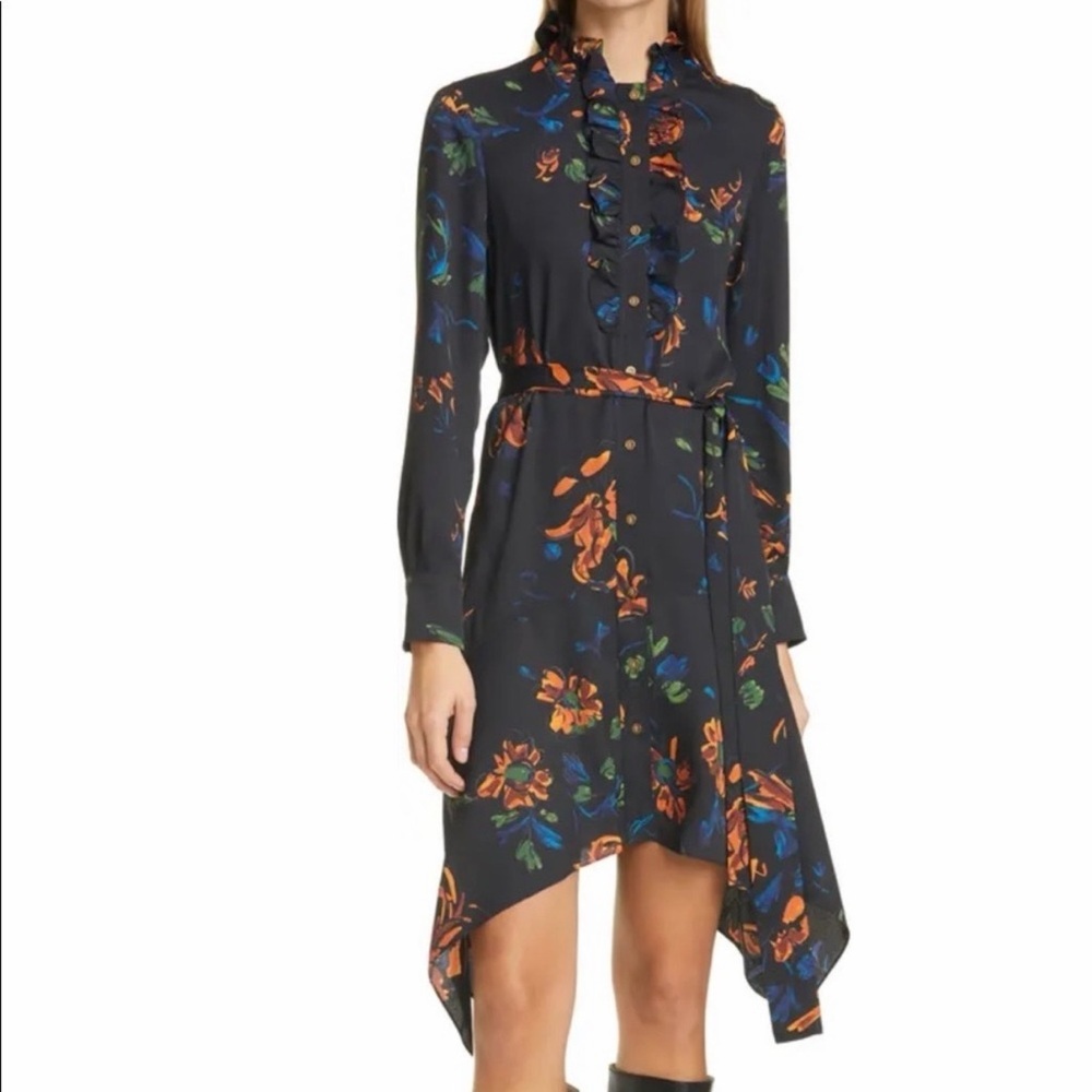 Tory Burch Black Floral Asymmetric Shirt Dress Size 14 Mini Career Designer